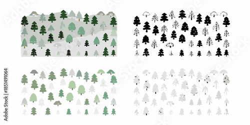 Stylized coniferous forest illustrations in varying color schemes and outlines