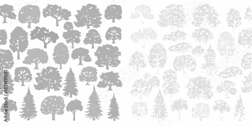 Silhouettes of various trees arranged in a dense grayscale pattern