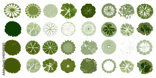 A collection of diverse green tree canopy top views in a grid pattern