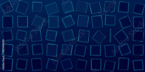 Abstract arrangement of glowing blue rectangles and squares on a dark background