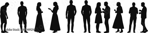 Diverse group of standing people silhouettes set, men and women interacting, various poses, full length, conversation, urban life, isolated black figures on white background.