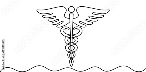 Caduceus health care symbol continuous line drawing, medicine and pharmacy sign in single line art, professional vector.