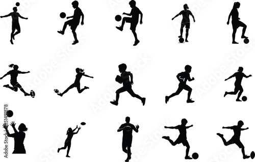 Collection of soccer player silhouettes in various actions