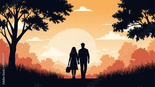 Couple walking together during sunset silhouette.