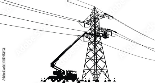 Electric Power Line Maintenance Work with Boom Lift Truck, High Voltage Transmission Tower Silhouette, Electrical Grid Infrastructure Repair Vector Graphic Illustration.