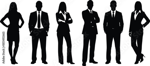 Business team silhouette, professional attire vector, corporate people clipart, confident posture illustration, black human figures, office fashion design concept