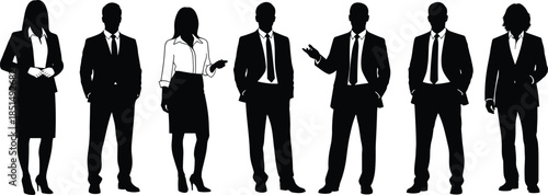 Business team silhouette, professional attire vector, corporate people clipart, diverse posture illustration, black human figures, office fashion concept