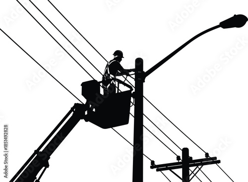 Electrician or utility worker in a bucket truck lift, maintaining or repairing power lines, lamppost and electrical pole, black silhouette vector.