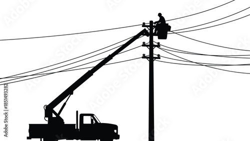 Electrician worker in bucket truck on utility pole silhouette, high-voltage power line maintenance, telecommunication infrastructure repair vector illustration.