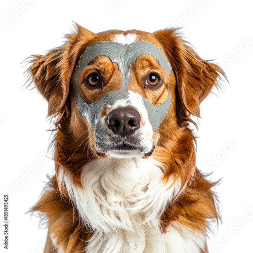 Close-up portrait of a brown and white dog wearing a grey facial mud mask against a black background.