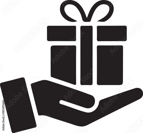 Hand holding gift box icon, Simple black icon showing a hand presenting a wrapped gift, symbolizing giving, donation, surprise, or customer service concept.

