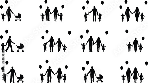 Family silhouettes set, walking with children, baby stroller, and balloons, parents with kids, happy moments, motherhood, fatherhood concept