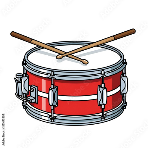 Cartoon-style illustration of a red snare drum with crossed wooden drumsticks on top against a plain white background.