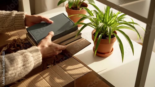 Close up of person's hands unpacking new books and a houseplant from a delivery box for home decor concept and cozy domestic life