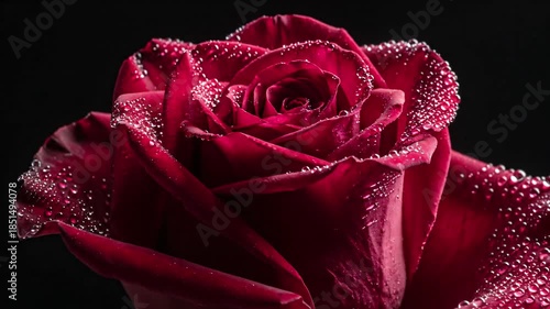 Red rose flower covered with glistening water droplets, against a dramatic dark background, representing romance and luxury product concept