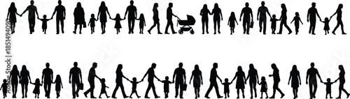 Family Group Silhouette Vector Set, Parents and Children Walking, Holding Hands, Stroller, Generational Gathering, People Collection