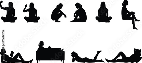 Female Exercise and Workout Silhouettes, Woman Doing Fitness Vector Set, Stretching and Floor Yoga Poses, Active Lifestyle and Health Graphic Design.