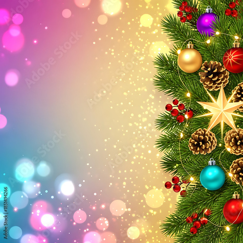 A festive Christmas tree decorated with colorful balls and snowflakes on a winter holiday background