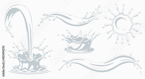 A dynamic vector illustration showcasing various milk splashes and liquid movements, perfect for dairy product branding or beverage-related designs, offering a clean and modern aesthetic.