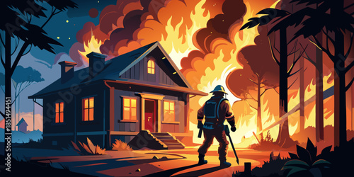 Firefighter battling blazing house fire at night with intense flames engulfing the structure in a dramatic scene.
