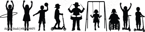 Children silhouette vector, inclusive play, kids activities, black illustration, diversity in motion, wheelchair, scooter, swing, hula hoop, ball