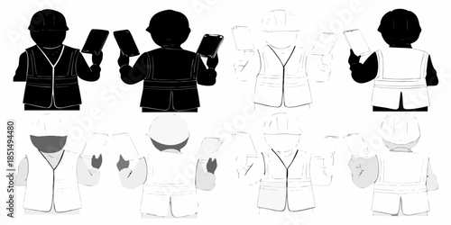 Construction workers in safety vests holding tablets front and back views illustrated