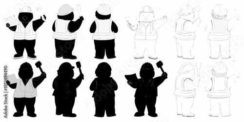 Illustrations of construction workers in various poses and styles line art