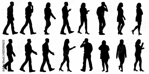 Silhouettes of people walking and interacting in various poses and outfits