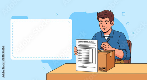 Man Filling Out A Customs Declaration Form For Package