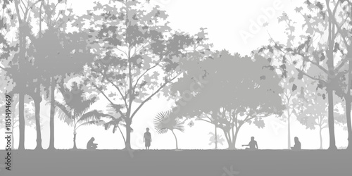 Silhouette of trees and people resting in a serene outdoor landscape
