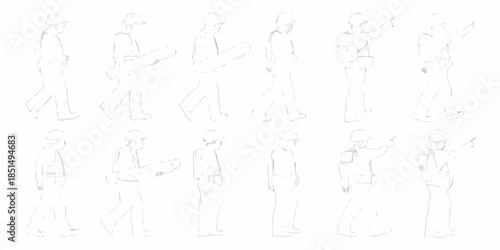 Sketch of multiple human figures in various dynamic poses and stances
