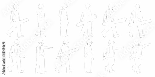 Line art illustration depicting multiple construction workers in various poses
