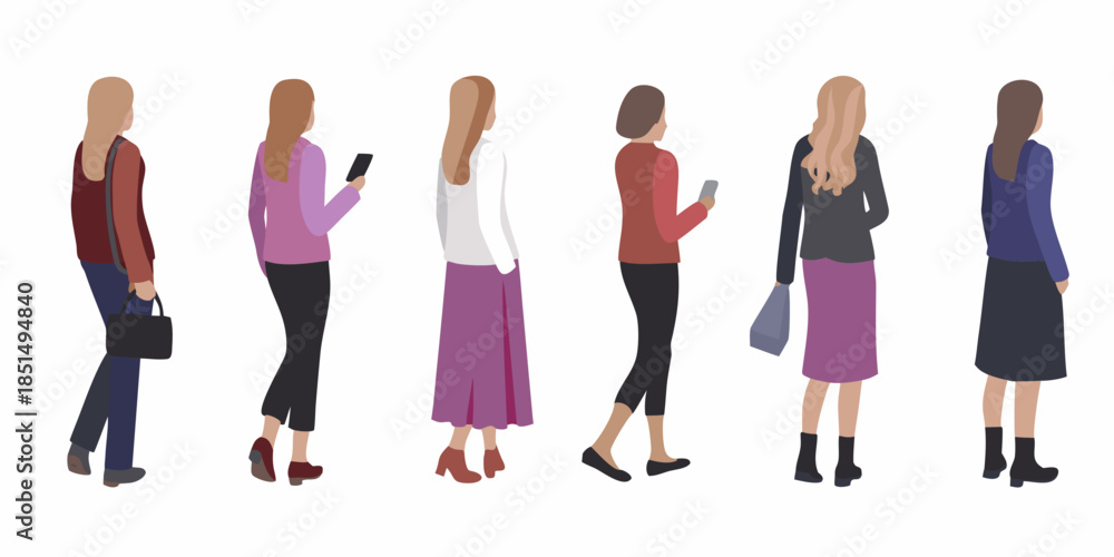 Fototapeta premium A collection of stylized female figures standing in various outfits and poses