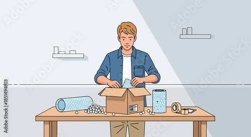 Man Preparing Package With Protective Filler For Delivery Service