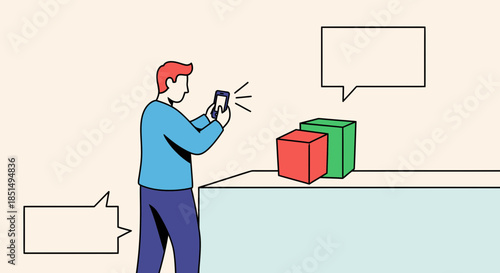 Man Taking Picture Of Geometric Boxes With Smartphone Communication Concept