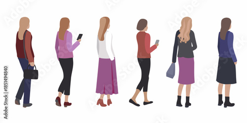 A collection of stylized female figures standing in various outfits and poses