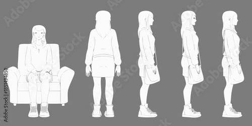 A series of character design sketches showing a woman in different poses