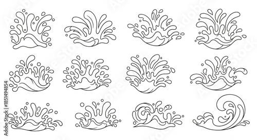 A vibrant collection of dynamic black and white vector illustrations showcasing various splashes of milk, ideal for beverage packaging and dairy product designs.