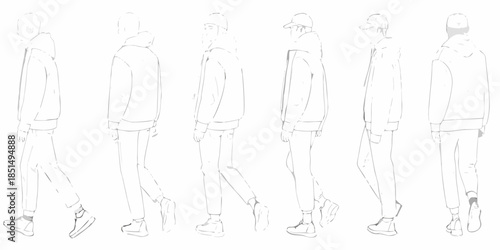 Line art illustrations of men wearing hoodies and casual street style clothing