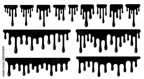 A set of black dripping paint vector illustrations, showing various lengths and patterns of liquid flowing down, ideal for graphic design elements and backgrounds.