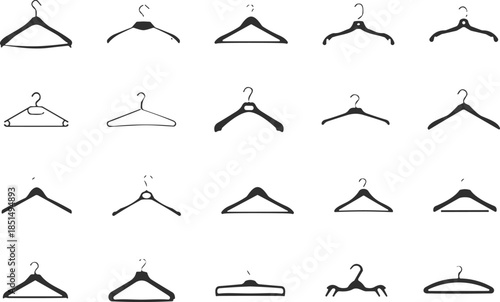 Clothing hangers collection, minimalist hanger set, modern wardrobe tools, retail display accessories, vector hanger icons, organized closet essentials, fashion storage