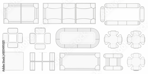 An assortment of furniture layouts and top down sofa designs in grayscale