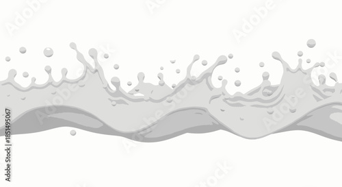 A creamy milk wave with dynamic splashes and droplets, showcasing a smooth, flowing texture against a clean white background in a modern vector illustration.
