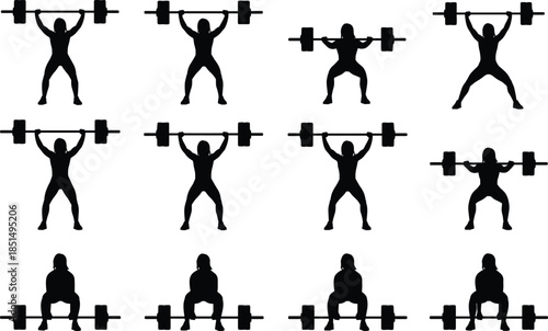Female Weightlifter Silhouette Set Vector, Powerlifting Training, Woman Lifting Barbell, Fitness Exercise, Strong Athlete, Gym Workout Graphic