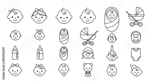 A comprehensive collection of adorable black and white line art vector icons representing various stages of babyhood and essential childcare items, perfect for design projects.