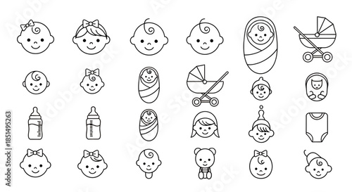 A charming vector illustration showcases a collection of adorable baby-themed icons, perfect for designs related to newborns, childhood, and baby products, all presented in a clean, minimalist style.