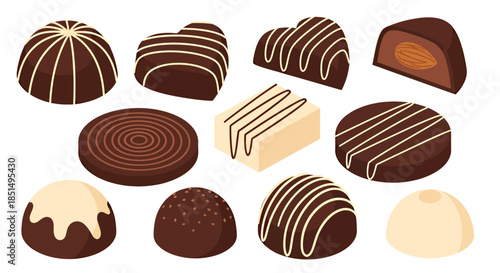 A delightful assortment of gourmet chocolate candies, featuring various shapes and fillings, rendered in a clean vector illustration style on a white background.