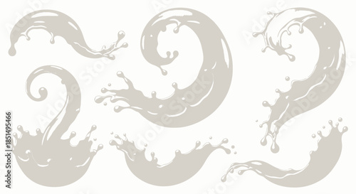 A set of stylized vector illustrations showcasing milk splashes and swirls, perfect for design projects related to dairy products, beverages, and food-related themes, set against a clean white