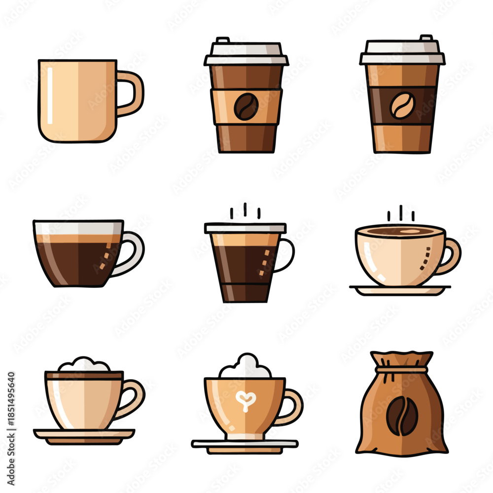 Obraz premium Nine illustrated coffee drink icons including to-go cups, mugs, and a bag of beans