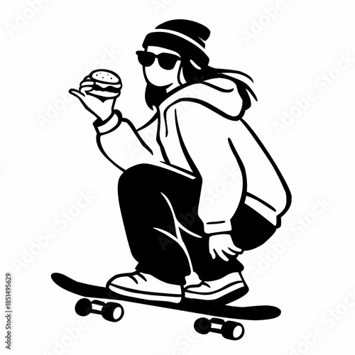 Minimalist black and white vector illustration of a cool girl wearing sunglasses and a beanie, riding a skateboard while holding a burger